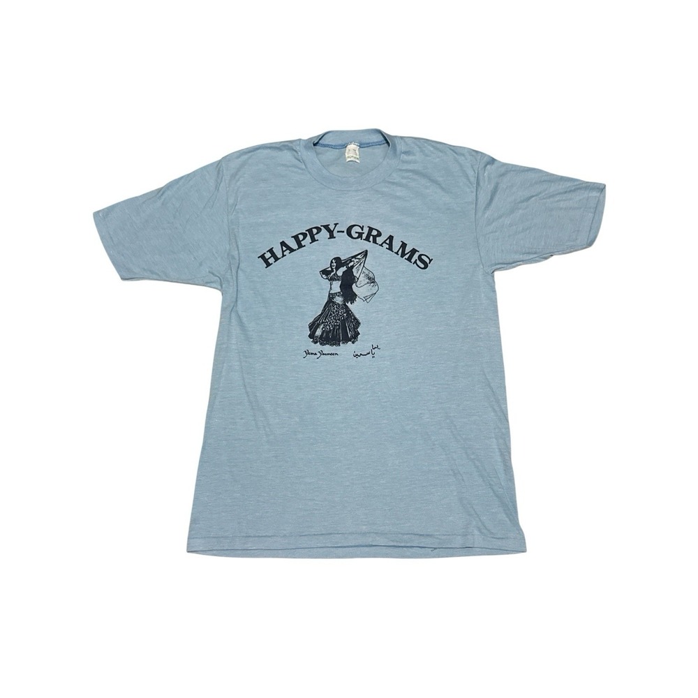 Vintage Yema Yasmeen Happy-Grams Blue T-Shirt Made In USA Size XL 50%Cot/50%Poly